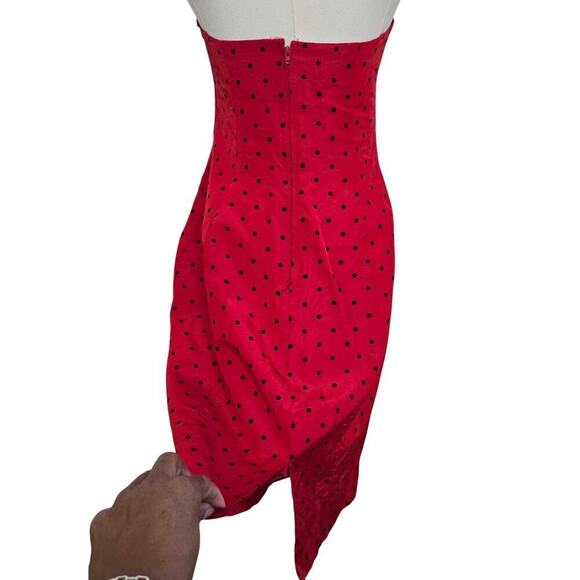 Vintage Strapless Red Polka Dot Midi Dress Sweetheart Neckline Valentines Day - Picture 3 of 10